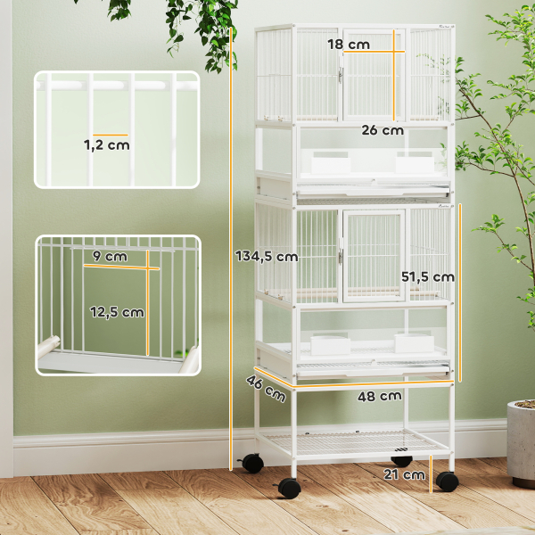 PawHut Gaiola para Pássaros de 2 Níveis com Rodas Painéis Acrílicos Comedouros Prateleira Bandejas Amovíveis  48x46x134,5 cm Branco - Image 3