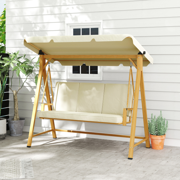 Outsunny Baloiço de Jardim de 3 Lugares com Toldo Ajustável Almofadas e Estrutura com Veios de Madeira 195x120x170 cm Madeira e Creme - Image 2