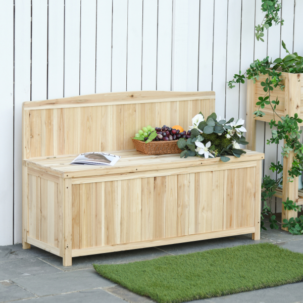 Outsunny Banco de Jardim de Madeira com Baú de Armazenamento e Encosto Carga 250 kg para Pátio Terraço Varanda 115x45x75 cm Natural - Image 2