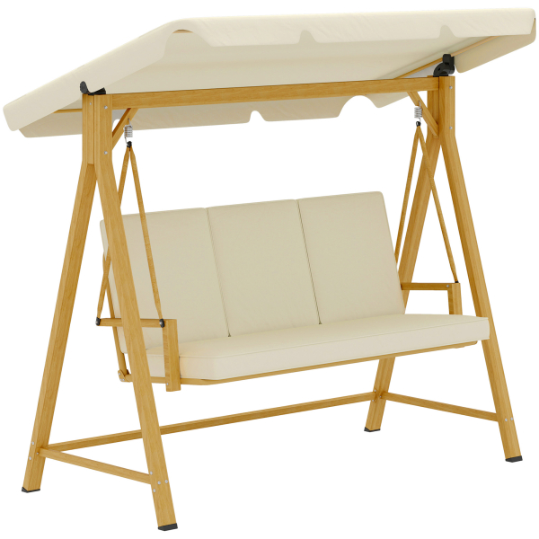 Outsunny Baloiço de Jardim de 3 Lugares com Toldo Ajustável Almofadas e Estrutura com Veios de Madeira 195x120x170 cm Madeira e Creme