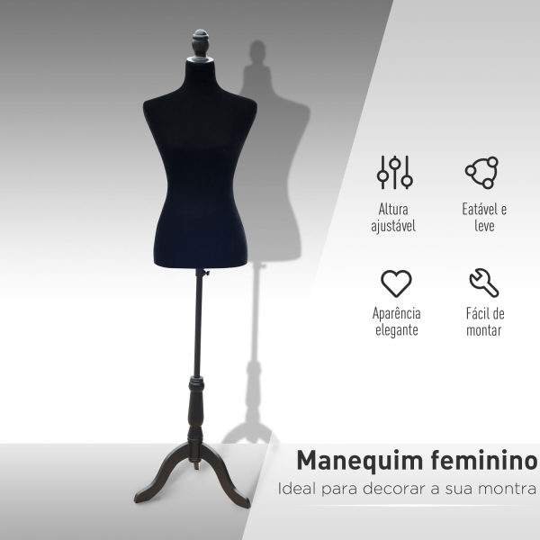 HOMCOM Manequim de Costura Feminino Manequim de Costura Ajustável a 130-168 cm com Tripé de Madeira Preto - Image 4