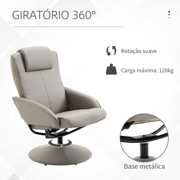 HOMCOM Poltrona Relax Reclinável até 145° com Banco de Apoio para os Pés Poltrona Giratória 360° Estofada em PU e Estrutura de Aço 78x67x98cm Cinza - Image 6