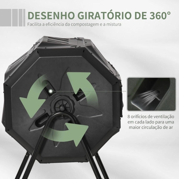 Outsunny Compostor de Tambor Giratório com Capacidade de 160L de Dupla Câmera e Ventilação Estrutura de Aço para Resíduos Orgânicos de Jardim 71x64x92cm Preto - Image 5