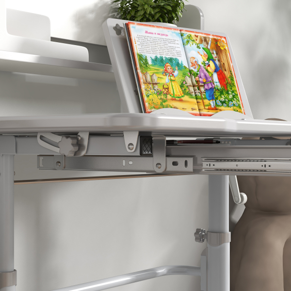 ZONEKIZ Conjunto de Secretária e Cadeira para Crianças com Altura Ajustável e Ângulo da Mesa Ajustável 80x54,5x82-104 cm Cinza e Branco - Image 9