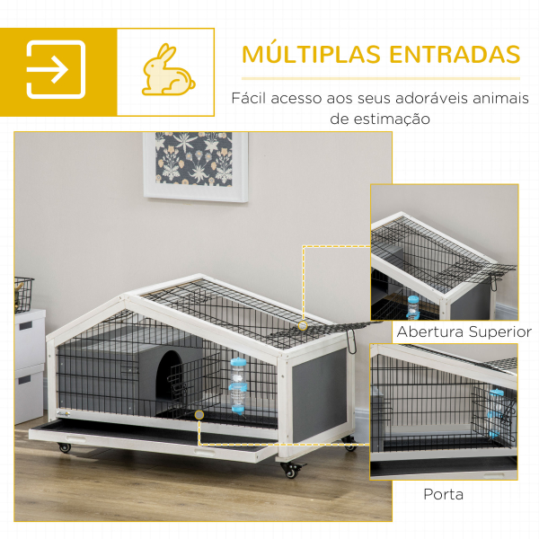 PawHut Coelheira de Madeira com Rodas Gaiola para Coelhos com Bandeja Amovível e Bebedouro 90x53x55 cm Cinza Escuro - Image 5