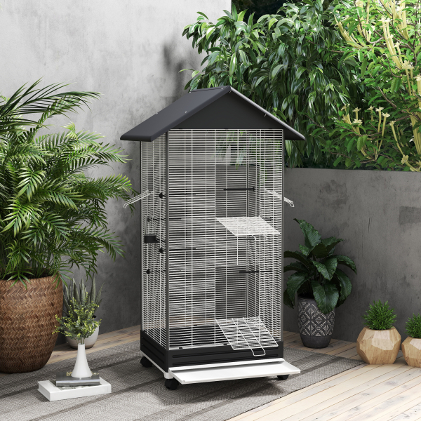 PawHut Gaiola para Pássaros Metálica com com Rodas Bandeja Amovível 4 Portas 2 Comedouros e 8 Poleiros 79x65x155 cm Preto - Image 9