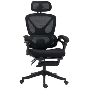 HOMCOM Cadeira de Escritório de Malha com Apoio para a Cabeça Suporte Lombar Apoio para os Pés Função de Inclinação 71x70x109-119 cm Preto