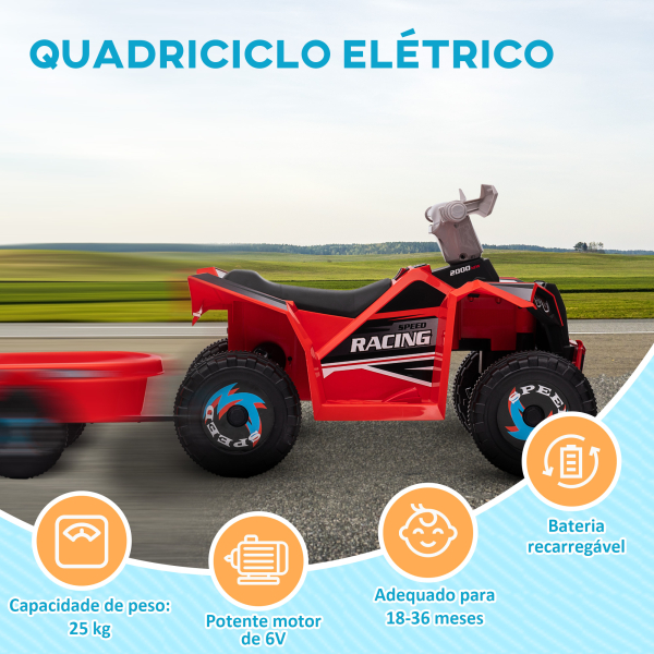 HOMCOM Quadriciclo Elétrico para Crianças com Reboque Bateria 6V de 18-36 Meses com Velocidade 2,5 km/h 106x41,5x48,5 cm Vermelho - Image 6