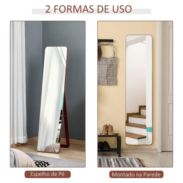 HOMCOM Espelho de pé de Corpo Inteiro Retangular Espelho de Parede com 2 Formas de Uso Estrutura de Madeira de Pinho para Dormitórios Sala de Estar Corredor 37x43x156cm Nogueira - Image 4