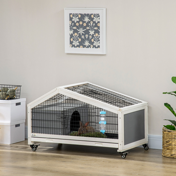 PawHut Coelheira de Madeira com Rodas Gaiola para Coelhos com Bandeja Amovível e Bebedouro 90x53x55 cm Cinza Escuro - Image 2