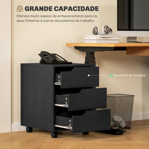 HOMCOM Bloco de Gavetas para Escritório Móvel de Escritório Bloco de Gavetas com 3 Gavetas e 4 Rodas 40x50x57,5 cm Preto - Image 4