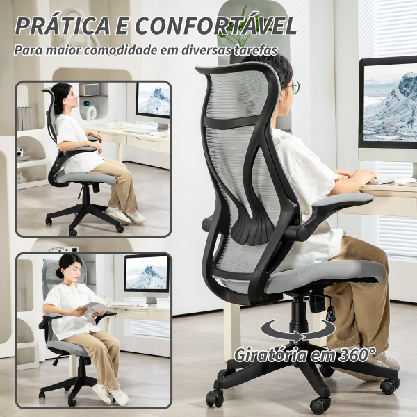 HOMCOM Cadeira de Escritório Giratória com Altura Ajustável Apoio para os Braços Dobráveis e Função Basculante 66x66x113-121 cm Cinza - Image 8