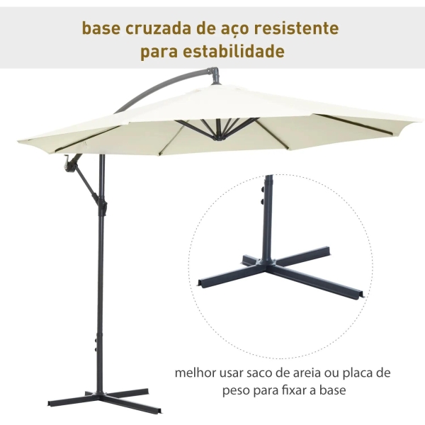 Outsunny Chapéu de Sol de Jardim Ø300x260cm Chapéu de Sol Excêntrico Inclinável com Manivela Base Cruzada e Suporte de Metal 8 Hastes para Terraço Exterior Balcão Creme - Image 5