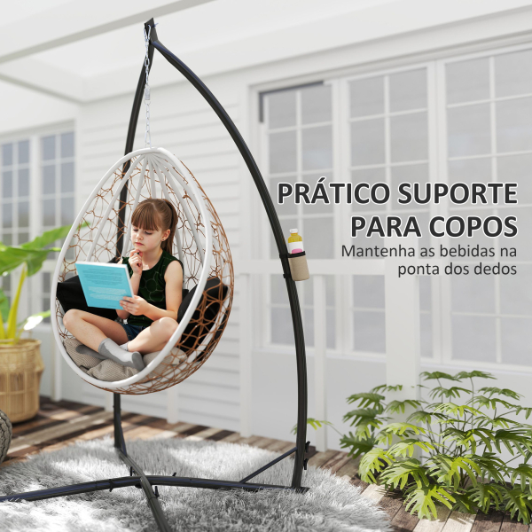 Outsunny Suporte para Cadeira Suspensa com Estrutura de Aço e Suporte para Copos Suporte para Cadeira de Baloiço 105x105x215 cm Preto - Image 7