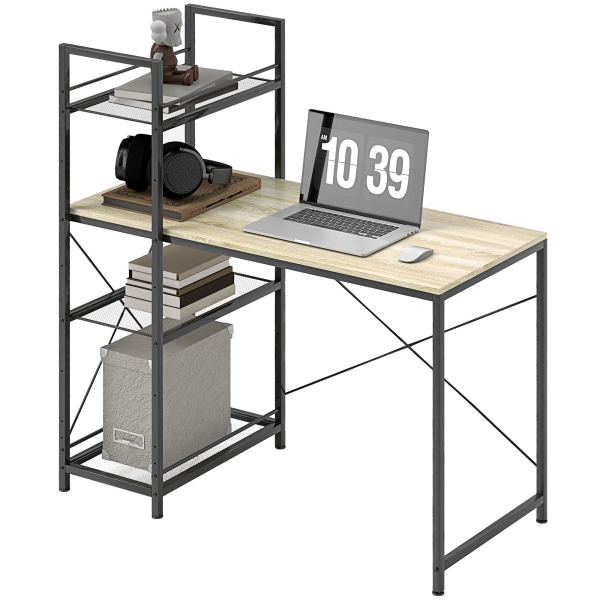 HOMCOM Secretária com Prateleira Reversível Estilo Industrial com Estrutura em Aço para Escritório 110x53x115,5 cm Carvalho e Preto