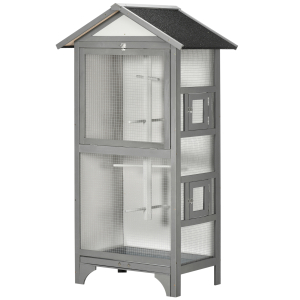 PawHut Gaiola para Pássaros de Madeira com 3 Portas 4 Poleiros Bandeja Amovível e Teto Asfáltico 80,5x57x153 cm Cinza Claro
