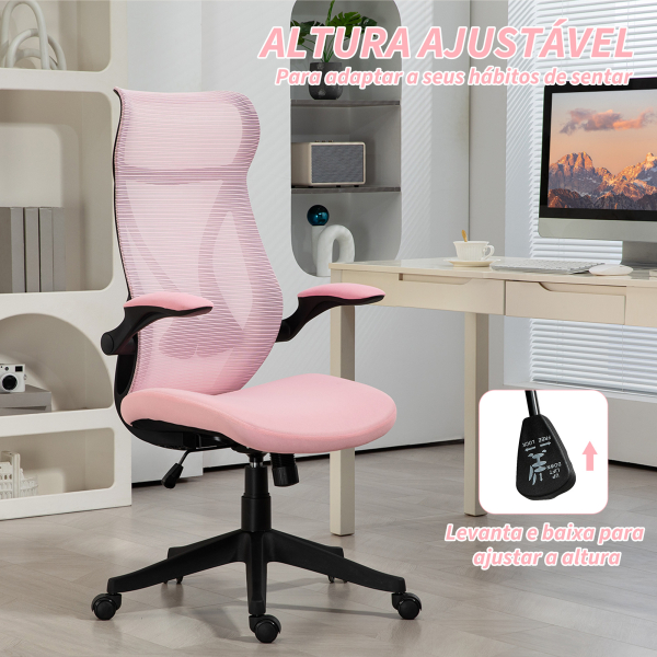 HOMCOM Cadeira de Escritório Giratória com Altura Ajustável Apoio para os Braços Dobráveis e Função Basculante 66x66x113-121 cm Rosa - Image 6