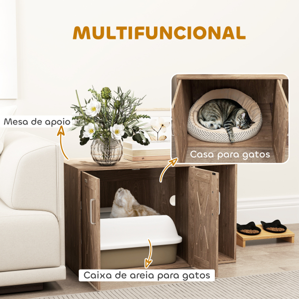 PawHut Móvel Caixa de Areia para Gatos 3 em 1 com Portas Tapete para Arranhar e Compartimento p 80x48x50,5 cm Castanho - Image 5