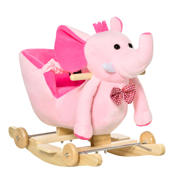 HOMCOM Cavalo Baloiço com Rodas e Forma de Elefante com Músicas Infantis e Cinto de Segurança 60x35x45 cm Rosa