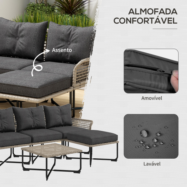 Outsunny Conjunto de Jardim em Vime Sintético Conjunto de Móveis de Exterior com Sofá de 4 Módulos 1 Mesa de Centro e Almofadas Cinza - Image 5