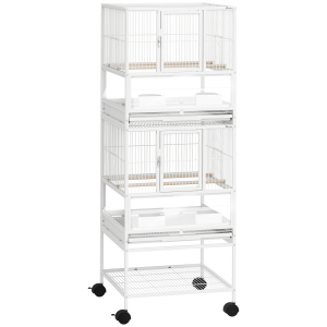 PawHut Gaiola para Pássaros de 2 Níveis com Rodas Painéis Acrílicos Comedouros Prateleira Bandejas Amovíveis  48x46x134,5 cm Branco