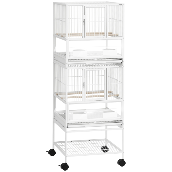 PawHut Gaiola para Pássaros de 2 Níveis com Rodas Painéis Acrílicos Comedouros Prateleira Bandejas Amovíveis  48x46x134,5 cm Branco
