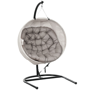 Outsunny Cadeira Suspensa com Suporte Cesto Dobrável de Malha Dupla com Almofada e Apoio para Copos 106x114x178 cm Areia e Preto