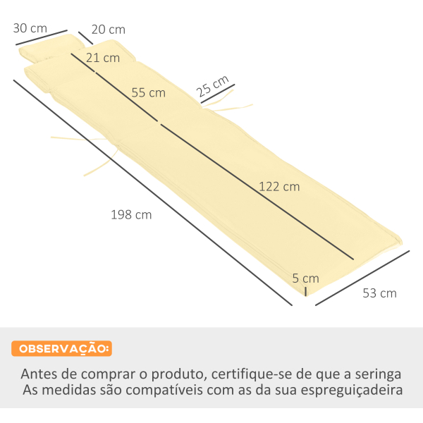Outsunny Almofada para Espreguiçadeira 198x53x5cm Almofada Suave para Espreguiçadeira Dobrável Acolchoada para Exterior Jardim Pátio Creme - Image 3