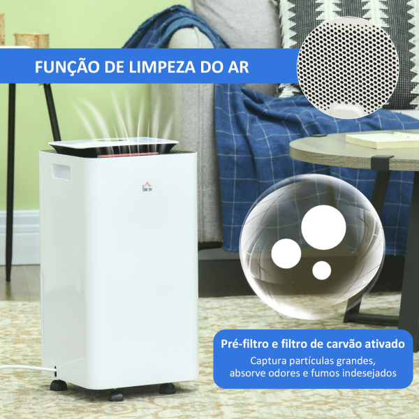 HOMCOM Desumidificador Elétrico 10L/dia Depósito 2,5L Silencioso com 5 Modos 2 Velocidades Ecrã LED e Temporizador 25x25x50,5 cm Branco - Image 6