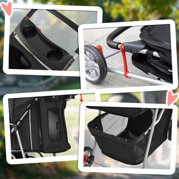 PawHut Carrinho para Animais de Estimação Dobrável com Rodas Giratórias Cesto e Suporte para Copos 75x45x97 cm Preto - Image 8