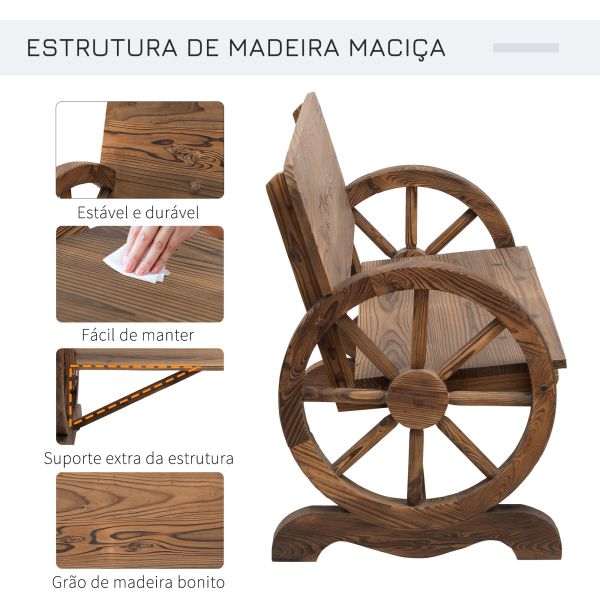 Outsunny Banco de Jardim de Madeira Banco de Exterior com 2 Rodas Decorativas Estilo Rústico 114x58x80 cm Marrom Carbonizado - Image 4