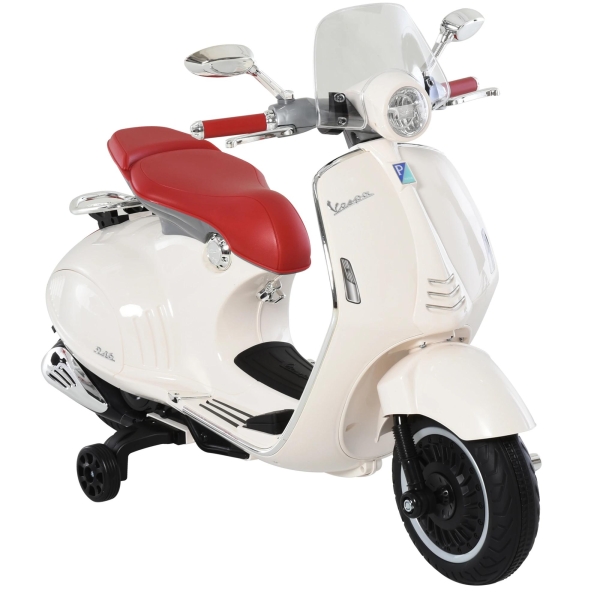 HOMCOM Mota Elétrica Vespa com Faróis Música 2 Rodas Auxiliares para Crianças acima de 3 Anos 108x49x75 cm Branco