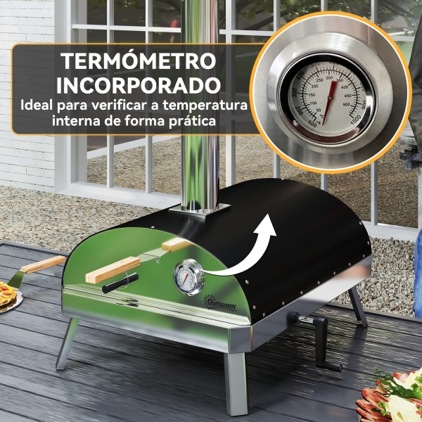 Outsunny Mini Forno de Pizza Exterior Portátil Forno a Lenha com Pedra Refratária Ø33 cm Termómetro e Bandeja Giratória 84x47x82 cm Prata - Image 5