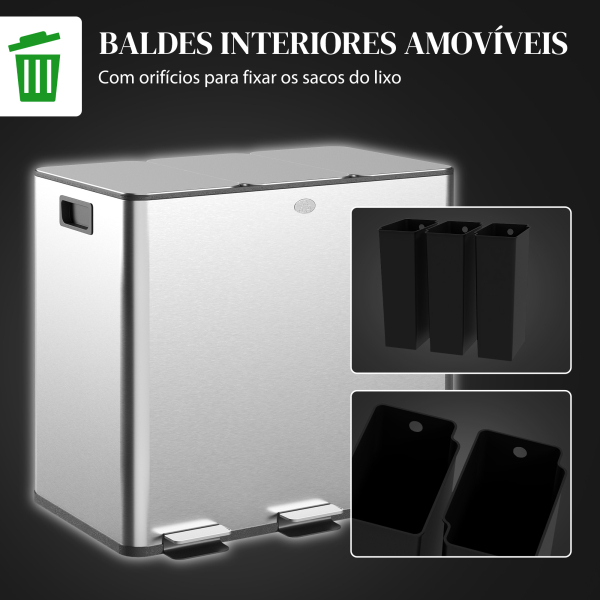 HOMCOM Balde de Lixo de Cozinha com 3 Compartimentos 3x15L com Pedais Tampas com Fechamento Suave e Cubo Amovível Prata - Image 7