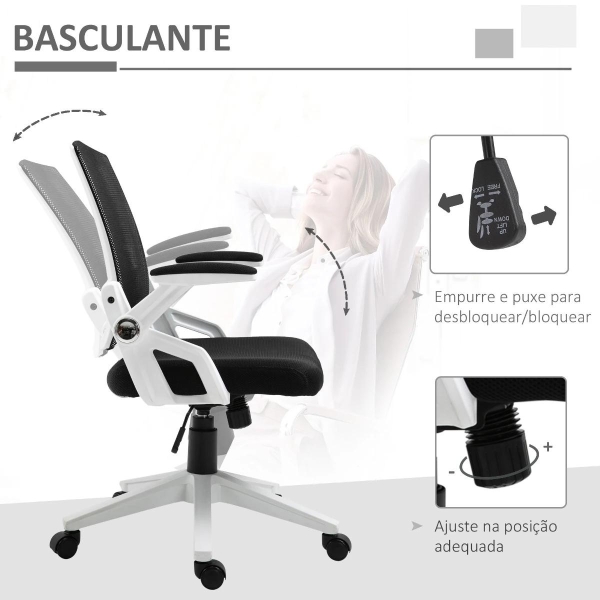Vinsetto Cadeira de Escritório Ergonômica Basculante com Altura Ajustável Apoio para o Braço Dobrável Suporte Lombar e Malha Transpirável 61x61x94-104cm Preto - Image 5