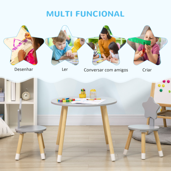 HOMCOM Conjunto de Mesa e 2 Cadeiras de Madeira para Crianças com Mesa Redonda Ø59x50cm e Cadeiras Ø28x51cm Cinza e Madeira - Image 5