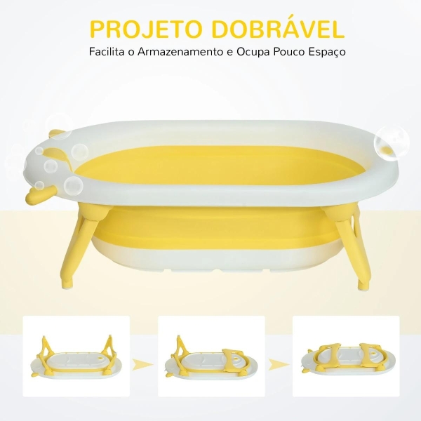HOMCOM Banheira para Bebé Recém Nascido até 3 Anos Dobrável 30 Litros com Tampa Termossensível e Almofada Confortável Almofadas Antiderrapantes 81,5x50,5x23,5cm Amarelo e Branco - Image 6