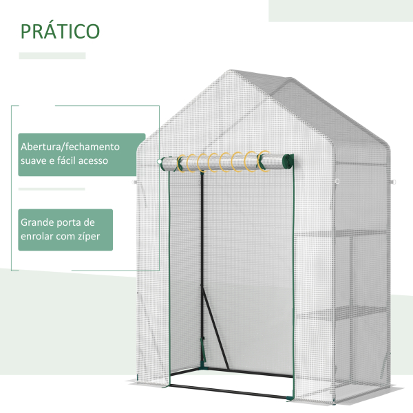 Outsunny Estufa de Jardim 143x73x195cm Estufa de Aço com 2 Prateleiras e Porta Enrolável para Cultivos de Plantas Vasos de Flores Pátio Exterior Branco - Image 5