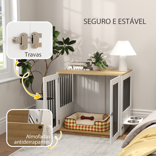 PawHut Gaiola para Cães 2 em 1 Mesa Auxiliar com 2 Portas com Trava Comedouro Giratório de 360° 2 Tigelas 80x55x71,5 cm Branco - Image 6