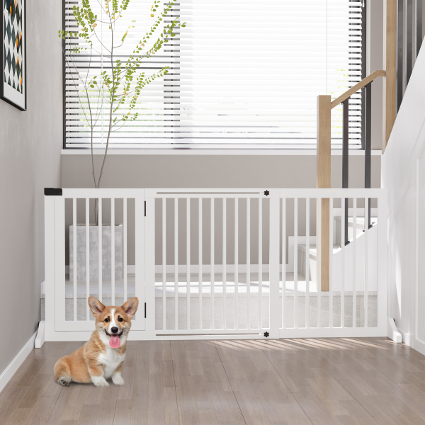 PawHut Barreira de Segurança Extensível 3 Peças com Estrutura de Madeira e Suporte de Pé 113-166x36x71cm Branco - Image 2