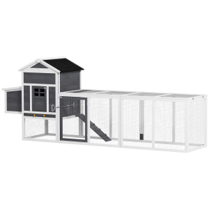PawHut Galinheiro de Madeira 297,5x68x118cm para 3-6 Galinhas com Teto Asfáltico Porta com Trava e Caixa Ninho Branco e Cinza