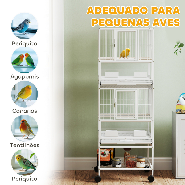 PawHut Gaiola para Pássaros de 2 Níveis com Rodas Painéis Acrílicos Comedouros Prateleira Bandejas Amovíveis  48x46x134,5 cm Branco - Image 8