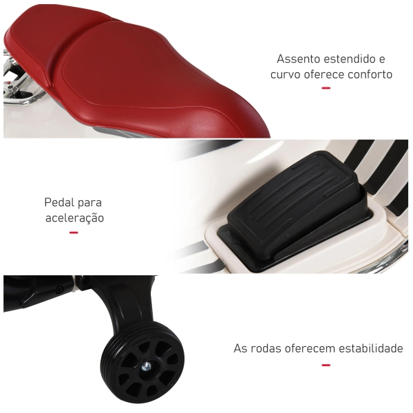 HOMCOM Mota Elétrica Vespa com Faróis Música 2 Rodas Auxiliares para Crianças acima de 3 Anos 108x49x75 cm Branco - Image 5