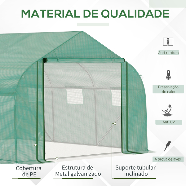 Outsunny Estufa de Túnel 3,5x3x2m Estufa de Jardim com Porta e 6 Janelas Enroláveis de Polietileno Metal Galvanizado para Cultivos de Plantas Flores Verde - Image 4