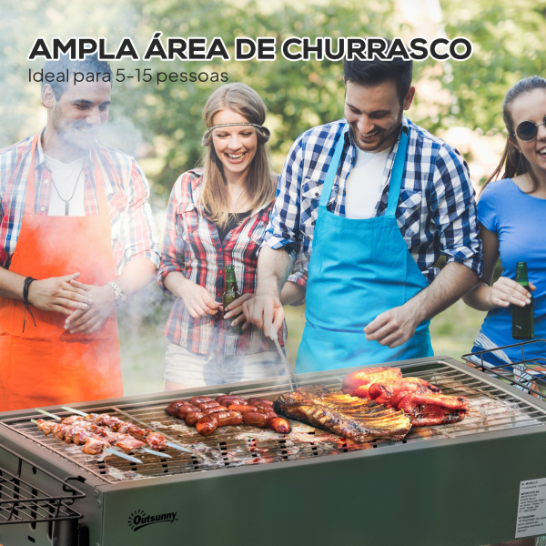 Outsunny Barbecue a Carvão com 2 Grelhas de Aço Inoxidável Portátil com 2 Prateleiras para Temperos com Ganchos 77x30x70 cm Verde - Image 5