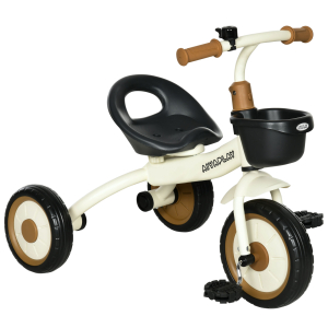 AIYAPLAY Triciclo para Crianças de 2 a 5 anos com Assento Ajustável Cesta Buzina e Pedais e 3 Rodas 70,5x53x58 cm Bege