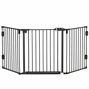 PawHut Barreira de Segurança para Cães Dobrável Barreira de Proteção para Lareira 202,5 cm com Porta para Escada Corredor Preto