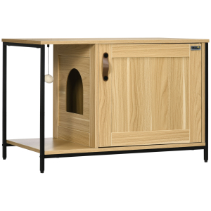 PawHut Caixa de Areia para Gatos Móvel com Caixa de Areia para Gatos com Porta Bola de Brinquedo  80x48x55 cm Carvalho