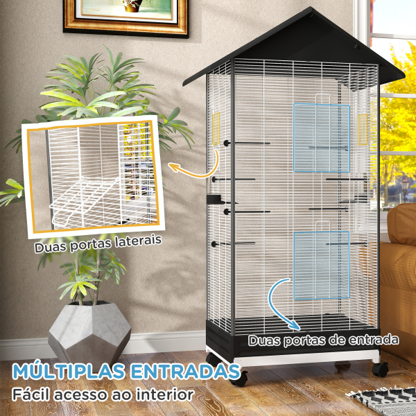PawHut Gaiola para Pássaros Metálica com com Rodas Bandeja Amovível 4 Portas 2 Comedouros e 8 Poleiros 79x65x155 cm Preto - Image 6