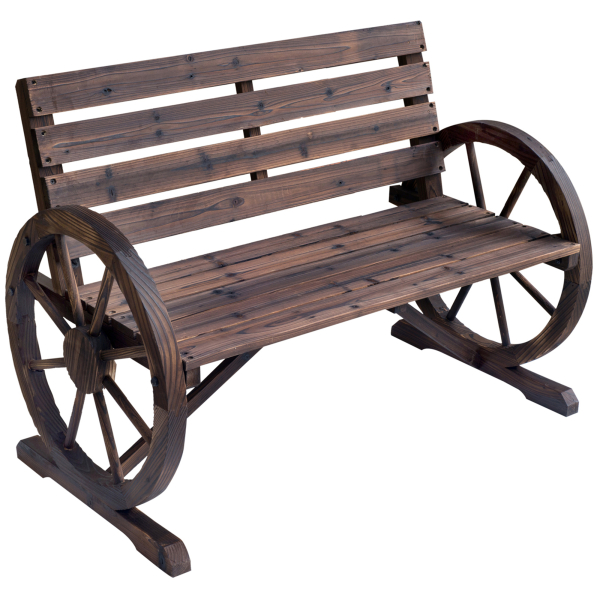 Outsunny Banco de madeira ao ar livre com apoio de braços em forma de roda Vista envelhecida para varanda Terraço 105,5x56x75 cm Marrom rústico